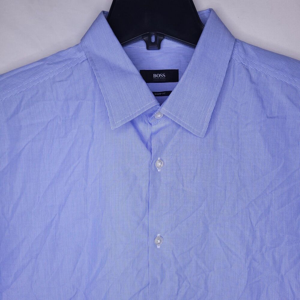 Hugo Boss Dress Shirt Mens 17 Striped Blue, White 34/35 Sharp Fit